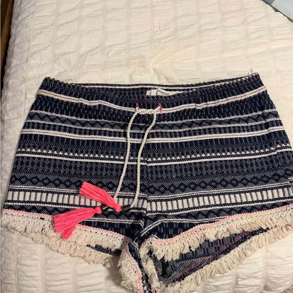 Mango Navy Striped Fringe Shorts with Pink Tassels